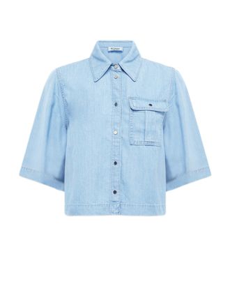 Blugirl Boxy Denim Shirt With Elbow-Length Sleeves And Overlapping Slit