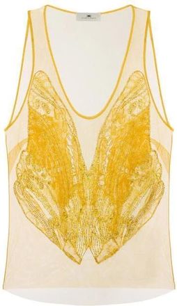 Elisabetta Franchi Tops, Dames, Geel, S, Tule, Top van geborduurd tule