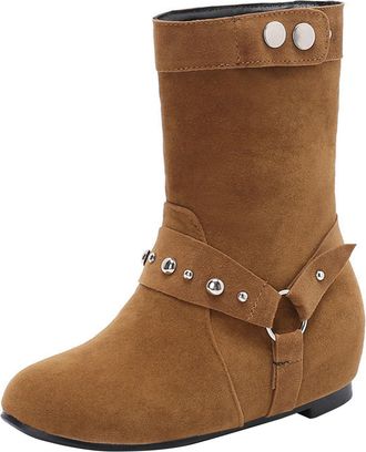 Generic Yellow Women Fashionable Casual Versatile Trendy and Cool Suede Round Toe Boots with Sloping Heel Increased Height Belt Buckle Midsole and Durable Des