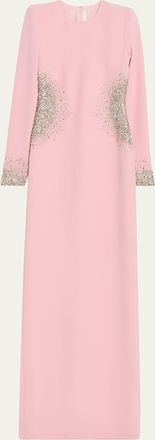 Naeem Khan Crystal Crepe Long-Sleeve Strong-Shoulder Gown