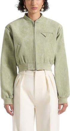 Mani&egrave;re De Voir Monique Suede Wide Shoulder Bomber Jacket in Sage at Nordstrom, Size 0