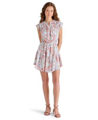 Steve Madden Faith Shirt Dress Womens Iris Blue Floral Cap Sleeve PALL329
