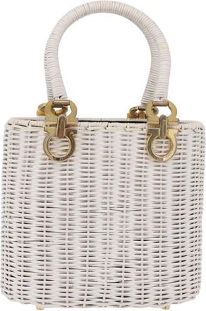 Ferragamo Gancini Top Handle Wicker White Wood Handbag (Pre-Owned)