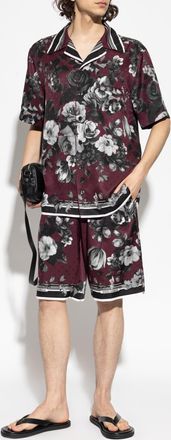 Dolce & Gabbana Silk Shorts With Floral Motif, Mens, Burgundy