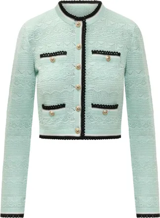 Self Portrait Green Knitted Round Neck Cardigan