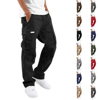 Generic Mens Cargo Trousers Multi Pockets Classic Jogging Bottom Straight Leg Druable Work Trousers Stretchy Drawstring Solid Color Cargo Sweatpants Street Le