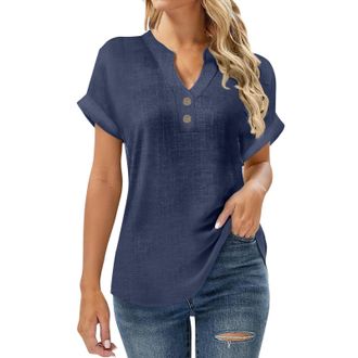 Generic Womens Cotton Linen Shirts UK 2026 Spring Summer Short Sleeve Tops Casual Button V Neck Henley Tee Dressy Comfy Solid Color Loose Fit Blouse Going Out