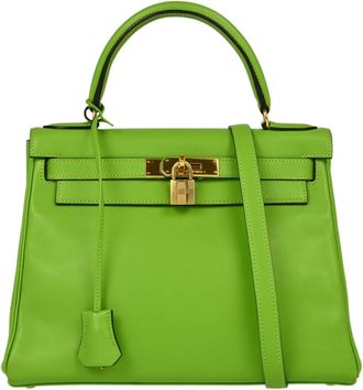 Herm&egrave;s Kelly Handbag Green Gulliver With Gold Hardware Green Leather Handbag (Pre-Owned)