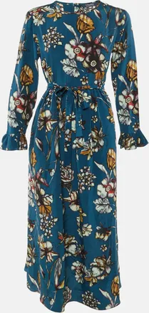 Max Mara S Max Mara Teal Blue Floral Print Silk Midi Dress