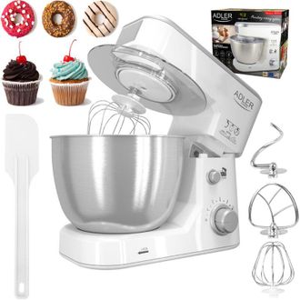 Adler Europe Ad4216 Robot Batidora Amasadora Reposter&iacute;a, 4 Litros, 6 Velocidades, Movimiento Orbital, 3 Accesorios 1000w Blanco - Adler