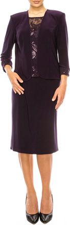 Maya Brooke Floral Embroidered Sequin Jacket Dress In Eggplant