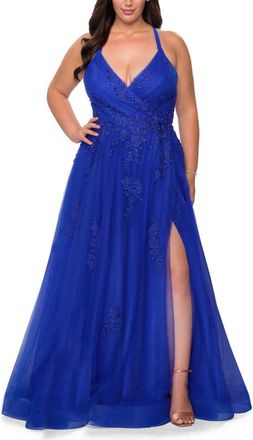 La Femme Plus Size A-line Tulle Dress with Floral Detailing in Royal Blue at Nordstrom, Size 18W