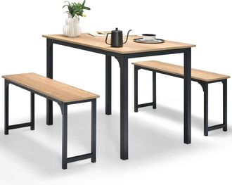 Costway 3 PCS Dining Table Set Space-Saving Kitchen Table Set w/2 Benches