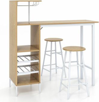 Costway Costway - 3PCS Bar Table & 2 Stool Industrial Kitchen Dining Set w/ Wine Rack Glass Holder