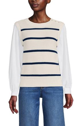 Lands End Drifter Shaker Button Shoulder Sweater Vest with Poplin Sleeves in Fresh Ivory/navy Stripe at Nordstrom, Size X-Small