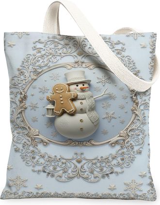 Generic Winter Snow Man Canvas Tote Bags, Holiday Gingerbread Pattern Reusable Grocery Bags, Lightweight Washable Shoulder Strap for Travel Beach Picnic 13x15