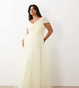 Lace & Beads Plus Vestito lungo in tulle color limone chiaro con spalle scoperte-Giallo