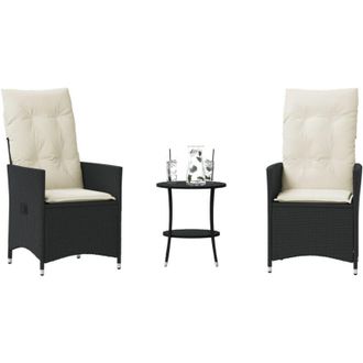 vidaXL Mesita Y Sillas Con Cojines 3 Piezas Rat&aacute;n Sint&eacute;tico Negro Vidaxl