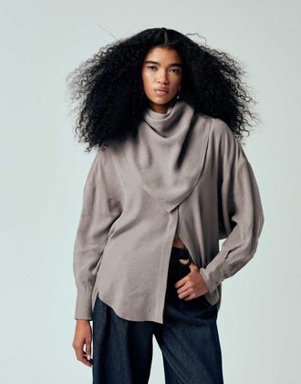Asos Camicia oversize grigia in modal con maniche ad ali di pipistrello e sciarpa-Grigio