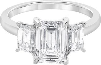 Grown Brilliance 3 Carat Emerald Lab Grown 3 Stone Diamond Ring in 14K White Gold, G-F Color, VSSI Clarity, Gift Box Included
