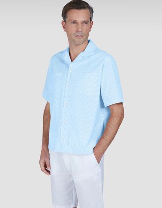 Paul & Shark Mens Paul & Shark Mens Riviera Seersucker Cotton Collar Hawaiian Short Sleeve Shirt - Blue - Size: 38/Regular
