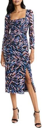 Donna Morgan Ruched Mesh Long Sleeve Midi Dress in Lavender/Teal at Nordstrom Rack, Size 10