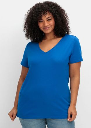 Sheego T-Shirt SHEEGO T-Shirt, Damen, Gr. 44/46, blau (kobaltblau), 100% Baumwolle, unifarben, V-Ausschnitt, Shirts T-Shirt