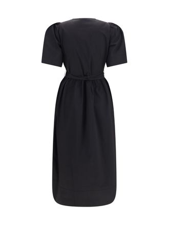 Ganni Womens Midi Dress With Bows And Puff Shoulders, Black Cotton