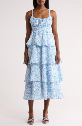 August Sky Floral Empire Waist Tiered Maxi Dress in Blue at Nordstrom Rack, Size Medium