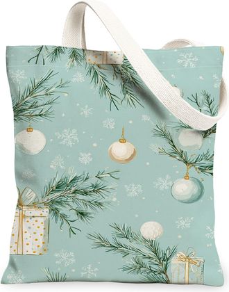 Generic Christmas Canvas Tote Bags, Pinecones and Ornament Pattern Reusable Grocery Bags, Winter Vintage Lightweight Washable Shoul, Blue, 13x15 Inch