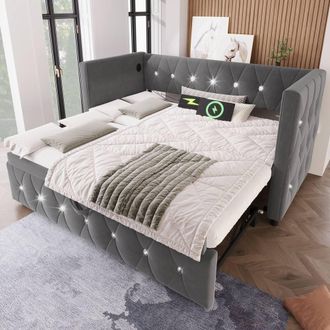 Merax 3ft Single Velvet Upholstered Bed Daybed with Trundle & Charging in Grey