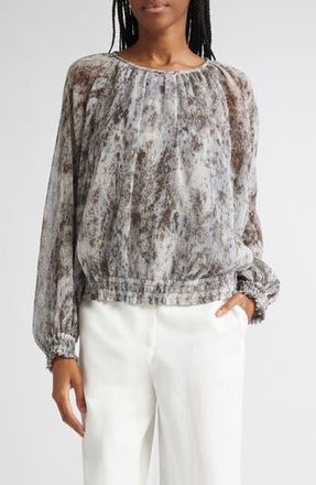 Lafayette 148 New York Speckled Glaze Print Gathered Georgette Blouse in Brown/Pearl Multi at Nordstrom Rack, Size X-Large