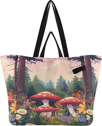 Generic Mushroom Pink Sky print Reusable Canvas Tote Bag, Heavy Duty Grocery Shopping Bag with Double Handles Large Capacity Hard Bottom Work Groceries Travel