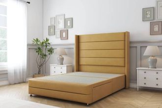 Sloomy Sterling Plush Divan Set No Drawers-54 Wingback-Footboard in Mustard | Size: Small Double