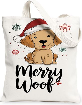 Generic Christmas Dog Canvas Tote Bags, Cute Canine Design Reusable Grocery Bags, Holiday Lightweight Washable Shoulder Strap, White, 13x15 Inch