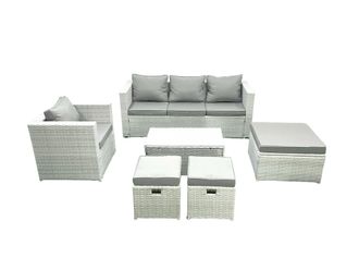 Fimous Rattan Garden Furniture Set with 3 Seater Sofa Chair Rectangular Coffee Table 3 Footstools Light Grey Mixed 6 Seater
