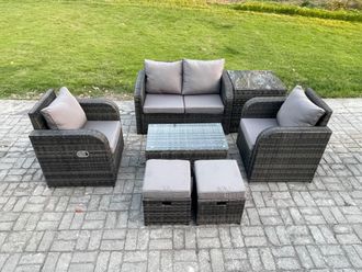 Fimous Rattan Outdoor Furniture Set Garden Love Sofa Coffee Table 2 Armchair Side Table 2 Small Footstools Dark Grey Mixed