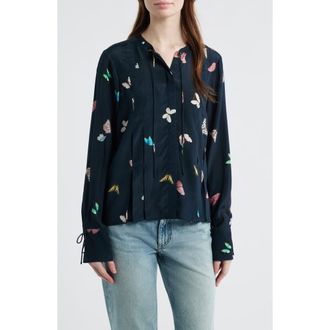 Rag & Bone Arden Print Pleated Top in Black Butterfly at Nordstrom, Size Xx-Small