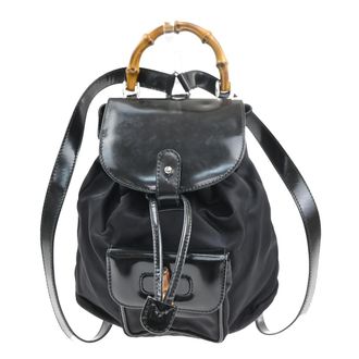 Gucci Vintage Bamboo Backpack Nylon And Patent Leather Black Nylon Backpack Bag (Pre-Owned)