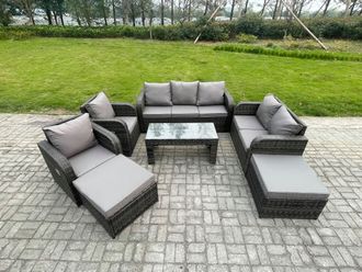 Fimous Rattan Wicker Garden Furniture Patio Conservatory Sofa Set with Rectangular Coffee Table Reclining Chair 2 Big Footstool 3 Seater Sofa