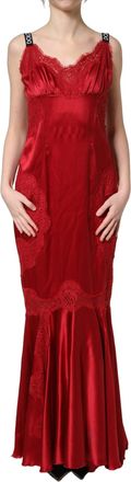 Dolce & Gabbana Womens Red Silk Sleeveless Maxi Long Lace Trim Dress Cotton Elastane Nylon