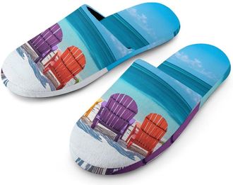 Generic Colorful Beach Chairs Warm Mens Slippers Slip On Soft Fleece House Shoes Winter Indoor Outdoor