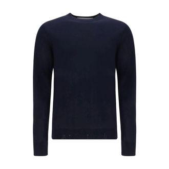 Golden Goose Round-neck Knitwear, male, Blue, L, Ribbed Fleece Wool Jumper with Frayed Effect