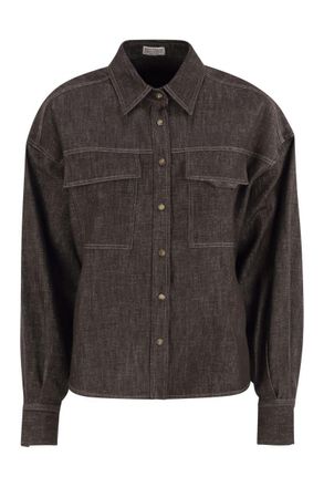Brunello Cucinelli Brunello Cucinelli Womens Sparkling No-fade Denim Shirt With Shiny Flap Detail - Dark Brown Textile - Size Medium