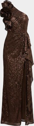 Mac Duggal One-Shoulder Sequined Column Gown