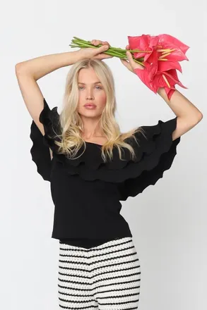 Cras Flouncecras Ruffle Bardot Top in Black at Nordstrom, Size 12