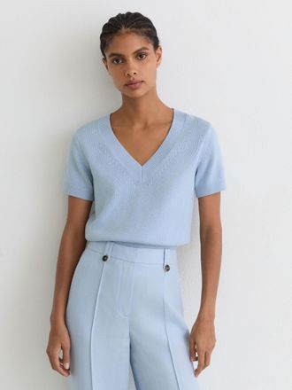 Reiss Soft Blue Cotton-wool Knit V-neck Top, XL
