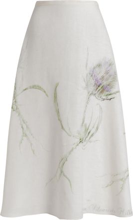 Alberta Ferretti Off-White Botanical Print Linen Midi Skirt