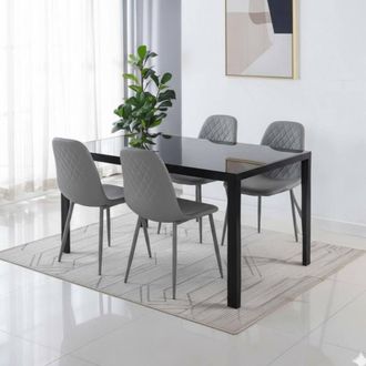 Kosy Koala Modern Black Glass Dining Table Set with 4 Grey Dining Chairs | Size: 120 cm x 70 cm