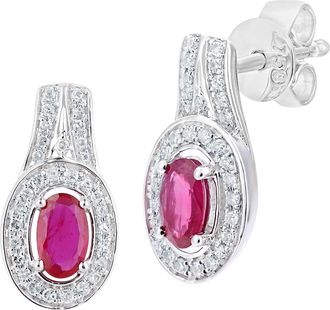 Jewelco London 18ct White Gold Diamond Oval 1/2ct Ruby Cluster Drop Earrings - DE1AXL609W18RU